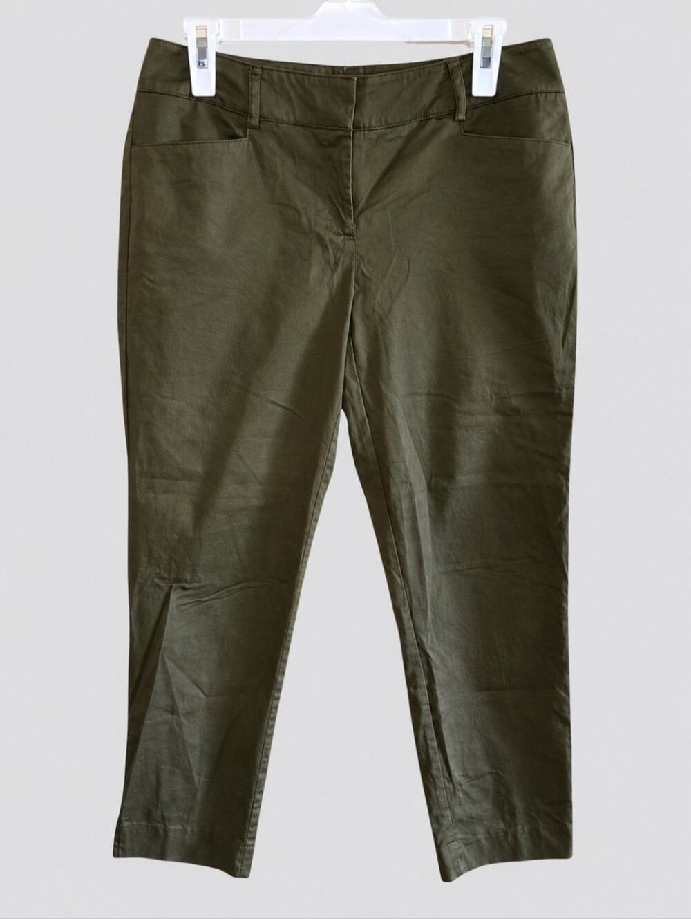 New York & Company Women's 4 Green Cropped Pants Stretch Cotton Ankle Slit Olive